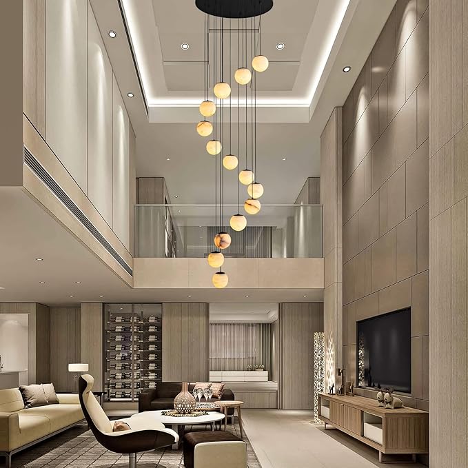 Black Alabaster Chandelier,14-Lights Staircase Chandelier for Entryway, Modern Marble Hanging Light Fixture, Hight Ceiling, Foyer, Living Room, Staircase, Entry