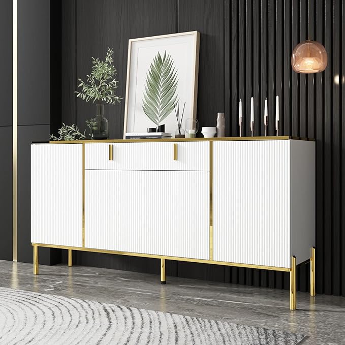FAMAPY Modern Credenza Sideboard Buffet with Drawer & Pop-Up Doors, Buffet Sideboard Storage Cabinet with Gold Metal Legs, for Living Room Hallway White and Gold (63”W x 15.7”D x 31.5”H)
