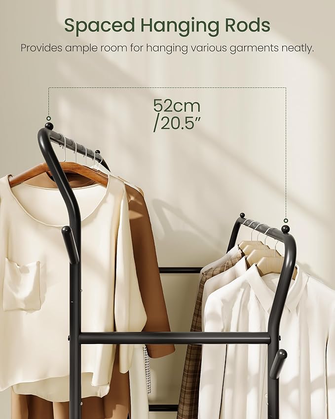 Clothes Rack, 3-Tier Rolling Garment Rack, Dual-Rod Clothing Rack with Hooks and Wheels, Y-Shaped, Freestanding Clothing Hanging Organizer, for Bedroom, Living Room, Laundry Room Black TYM07BB