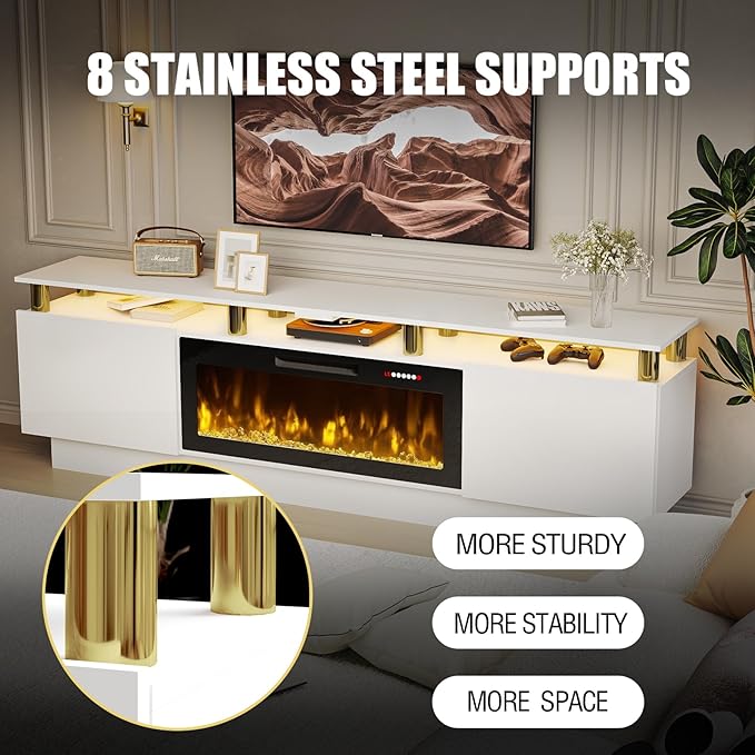 80" Modern Fireplace TV Stand with 36" Electric Fireplace for TVs Up to 90 inch, Luxury LED Light Entertainment Center with High Gloss Cabinet, TV Consoles for Living Room, White + Gold