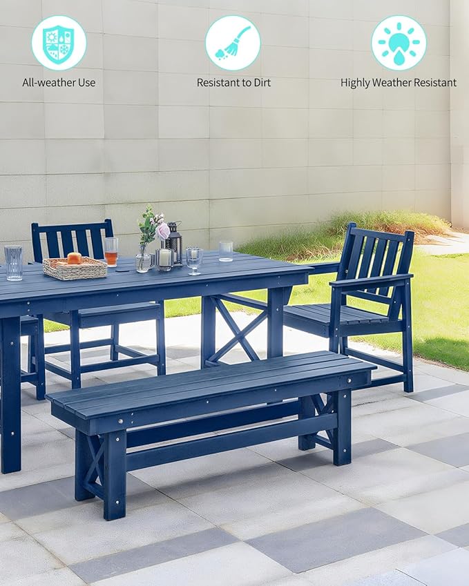 QUASCO Outdoor Patio Dining Set for 6, HDPE Dining Furniture Set with Umbrella Hole Cut-Out Table and 4 Chairs and 1 Bench, All Weather Outdoor Dining Bench Sets for Garden, Deck, Navy Blue