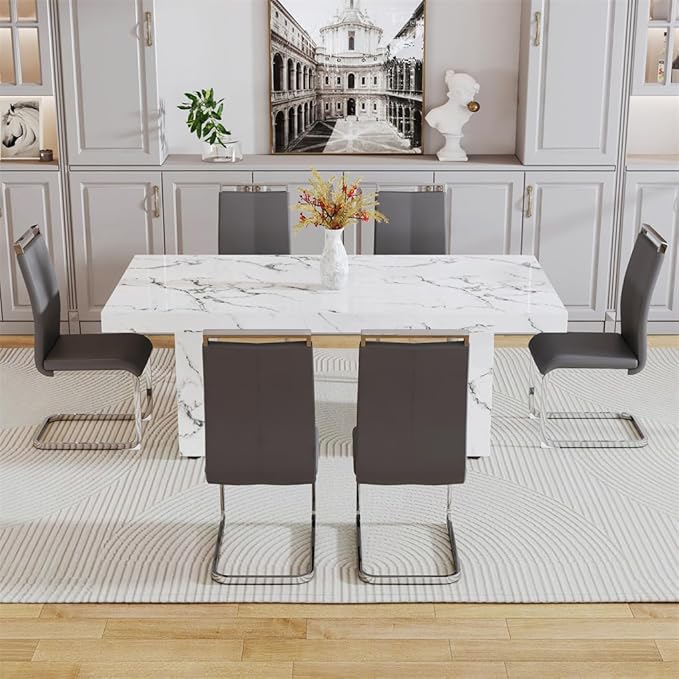 79'' Dining Table Set for 6, Dining Room Table Set for 6, 3.5'' Thick Faux Marble Table Top, MDF Table Legs, PU Ergonomic Dining Chair, for Dining Room