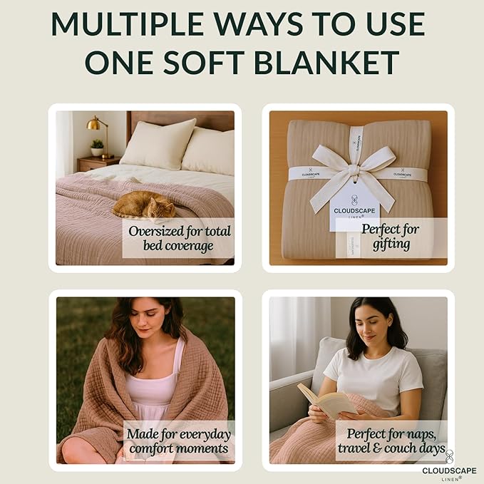 Cloud Scape Linen 100% 8 Layer Cotton Muslin Blanket King Size for Adult, Lightweight & Breathable, All Season Oversized Blanket for Bed, fits California King, 92x108, Fog