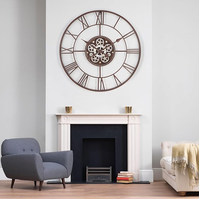 29 Inch Large Wall Clocks for Living Room Decor with Moving Gears,Large Wall Clock Industrial Steampunk,Oversized Metal Analog Wall Clocks for Farmhouse Home Battery Operated