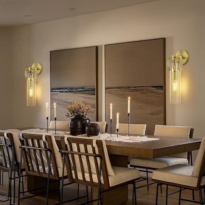 Modern Brass Wall Sconces,15.3'' Hardwired Wall Sconce with Knurled,Farmhouse Indoor Bathroom Sconce,Gold Vanity Lights for Bathroom,Glass Wall Sconce for Living Room,Bedroom,Hallway,Staircases