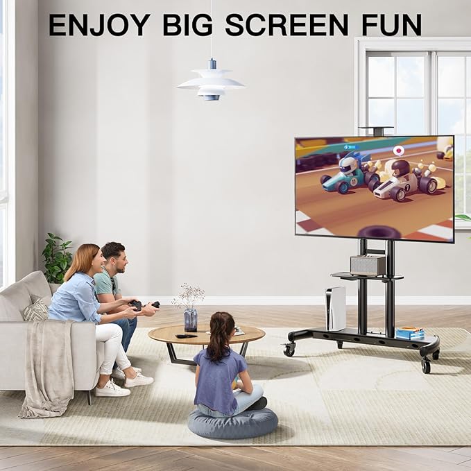 PERLESMITH Mobile TV Stand for 55-90 Inch Flat/Curved Screen TV Max VESA 800x500mm Outdoor TV Cart with Height Adjustable AV Shelf- UL Certificated Rolling Floor TV Stand Holds up to 200Lbs (PSTVMC07)