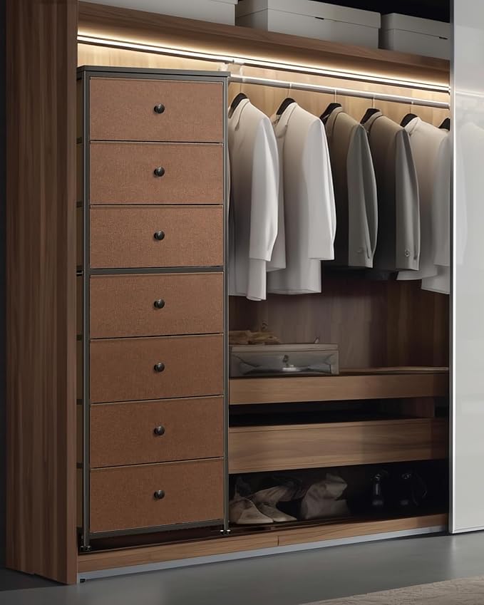 Tall Fabric Dresser for Bedroom, Vertical Storage Organizer Tower with 7 Drawers, Chest of Drawers with Bins, Steel Frame, Wood Top for Bedroom, Closet, Entryway Grey