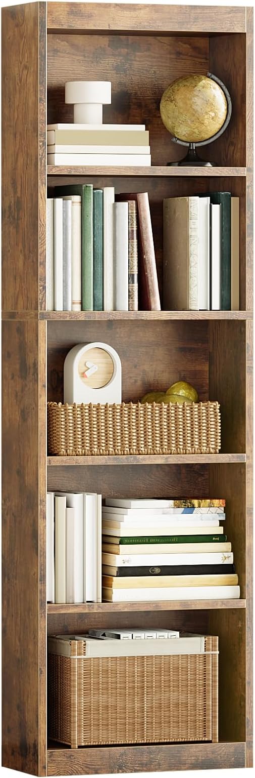 5-Tier Bookcase, Open Storage Shelf, Narrow Tall Book Shelf, Freestanding Display Storage Shelves Suitable for Home Office, Living Room and Bedroom, Rustic Brown