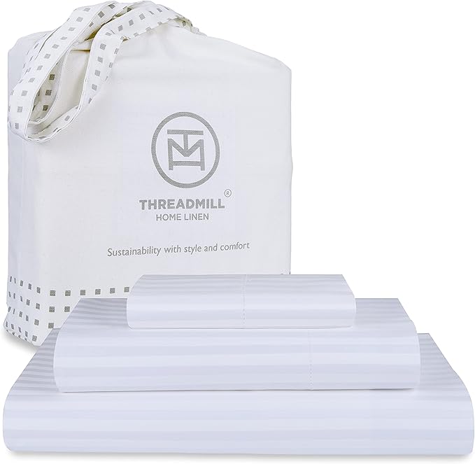 Threadmill 100% Cotton Sheets for Twin XL Size Bed - 600 Thread Count Twin XL Bed Sheets Set with 15” Deep Pocket - Damask Stripe Sateen Weave 3-Piece Bedding Set with Cooling Effect, White