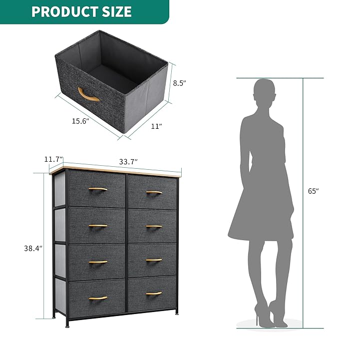 YITAHOME Dresser with 8 Drawers - Fabric Storage Tower, Organizer Unit for Bedroom, Living Room, Hallway, Closets - Sturdy Steel Frame, Wooden Top & Easy Pull Fabric Bins, Burlywood Grain