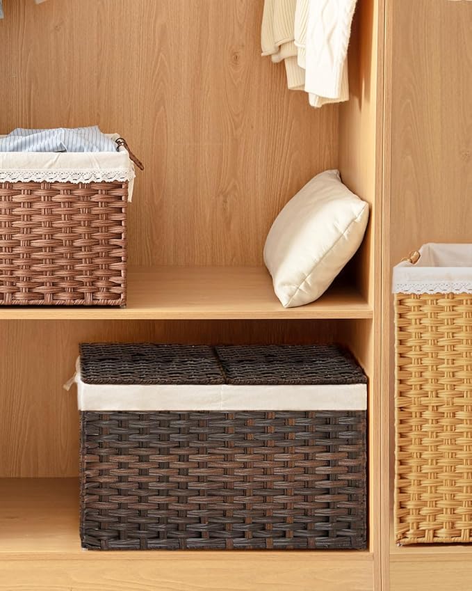 Storage Basket with Lid Rattan Storage Basket with 2 Separate Lid, 27.8 Gallon (105 L) 25.2 * 15.4 * 16.1 Inches Woven Wicker Baskets with 2 Liners and Handles for Bedroom Laundry-Brown