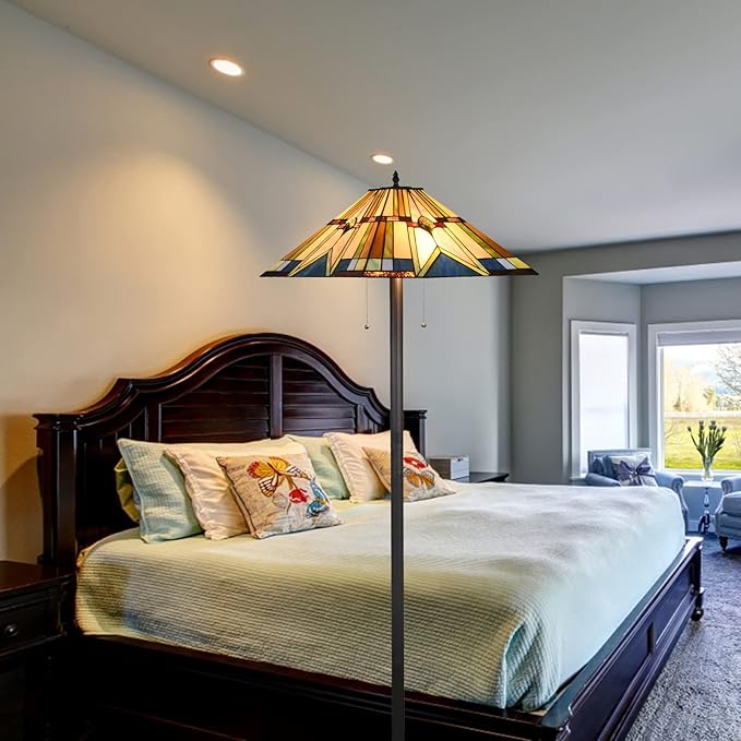 Tiffany Style Floor Lamp Vintage Stained Glass Shade 65” Tall Mission Floor Standing Reading Corner Light Fixture for Bedroom, Living Room, Office, Multi-Colored