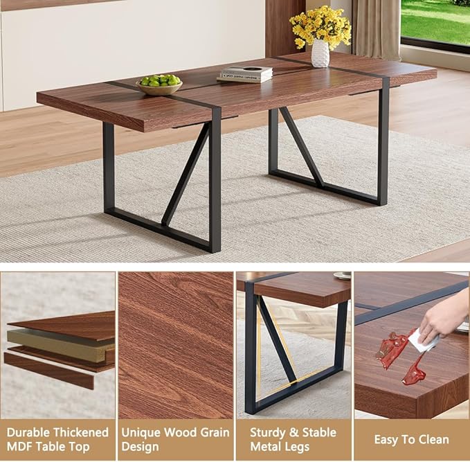 86.6" Dining Table Set for 6, Modern 7 Piece Wood Kitchen Table and Chairs Set, Rectangle Dining Room Table with 6 Upholstered Suede Chairs, Ideal for Apartment, Kitchen, Dining Room