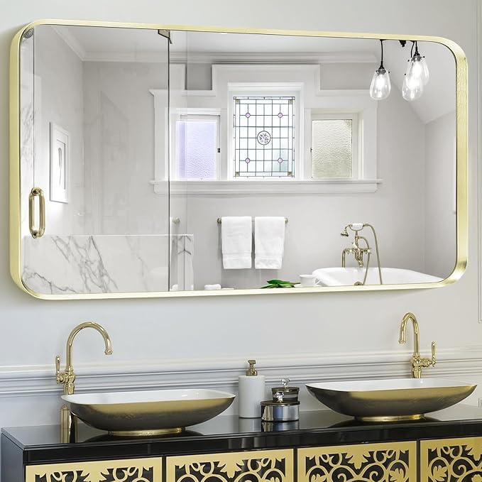 Wall Mount Mirror for Bathroom, Large Brushed Gold Metal Framed Rounded Corner Rectangular Vanity Mirror, Tempered Glass, Anti-Rust, Hangs Horizontally or Vertically (28" x 60", Gold)