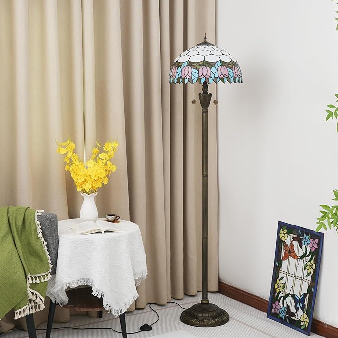 Tiffany Floor Lamp Pink Tulip Style Stained Glass Lamp Bright Lighting Rustic Standing Floor Lamp 16X16X64 Inches Vintage Unique Bronze Reading Corner Lamp for Home Decor Living Room Bedroom