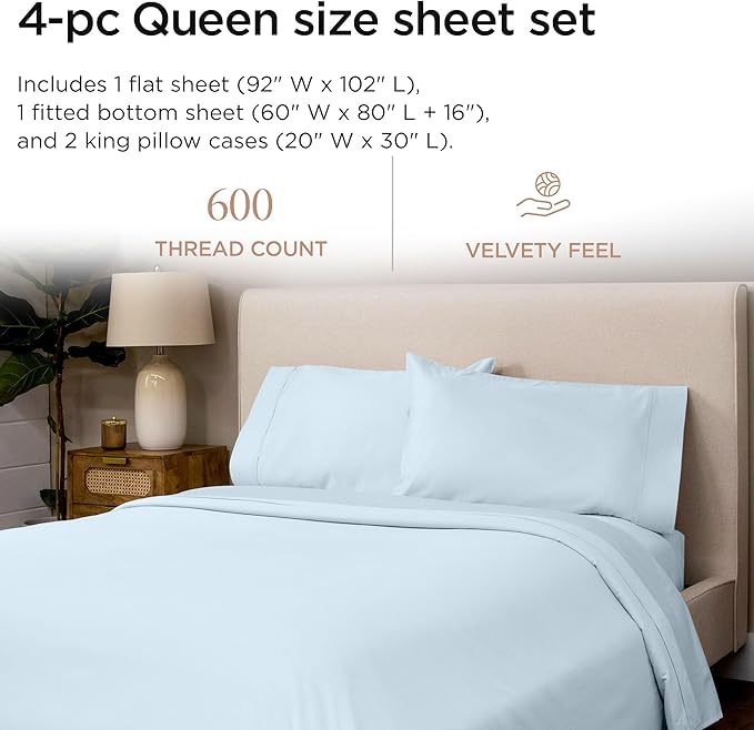 Threadmill 100% Cotton Sheets for Queen Size Bed - 600 Thread Count Queen Bed Sheets Set with 16” Deep Pocket - Sateen Weave 4-Piece Bedding Set with Cooling Effect, Blue