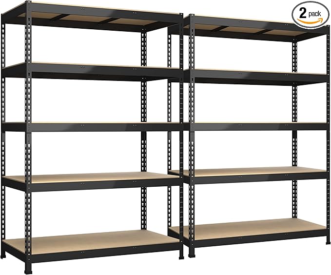 2 Packs 48" W x 24" D x 72" H Adjustable Garage Storage Shelves - 5-Shelf Heavy Duty Shelving Unit, Metal Utility Storage Organizer Racks for Warehouse Pantry Closet Kitchen, Black
