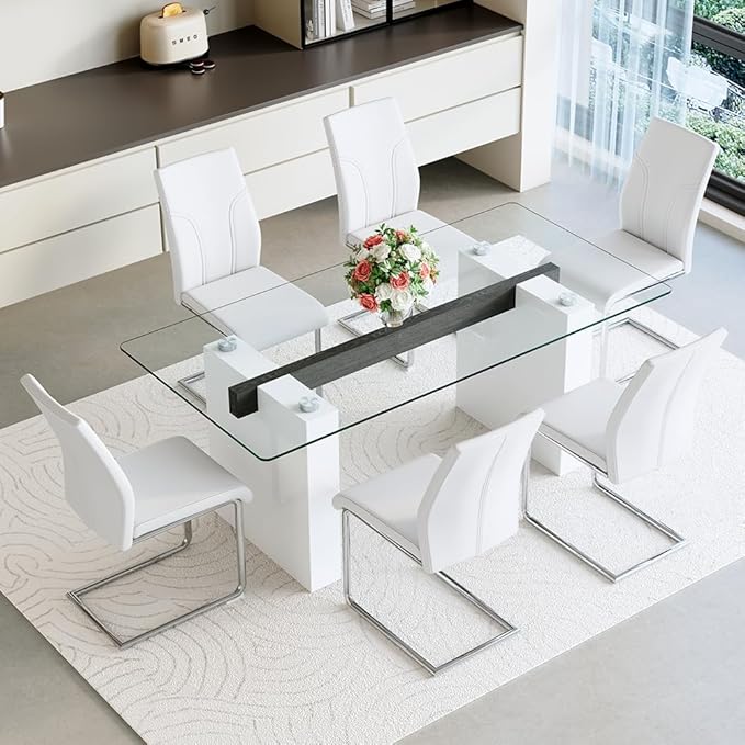 FURNITO Modern Dining Table Set for 6, Kitchen Table and Chairs for 6,71 in Glass Dining Table with 6 PU Leather Dining Chairs for Kitchen Dining Room（White Table+6 White Chair）