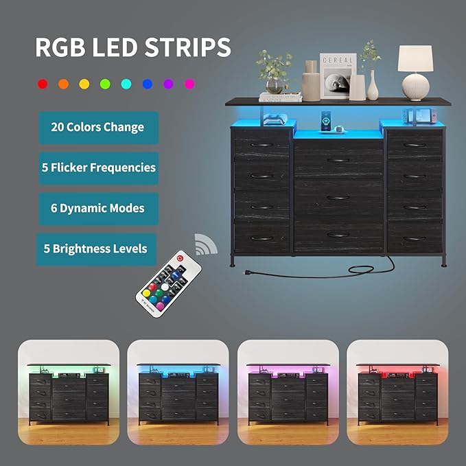 LUMTOK 11 Drawers Dresser with Fabric Drawers,Charging Station, LED Lights and Shelves for Bedroom,Hallway, Storage Organization (Black Wood Veins)