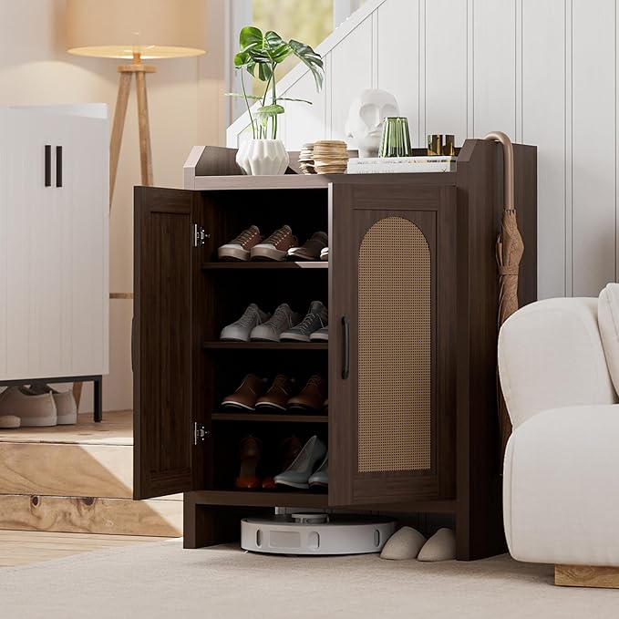 Shoe Cabinet Storage for Entryway, Natural Rattan Storage Cabinet, Wooden Shoe Rack, Farmhouse Boho Wood Shoe Organizer Cabinet for Hallway Walnut