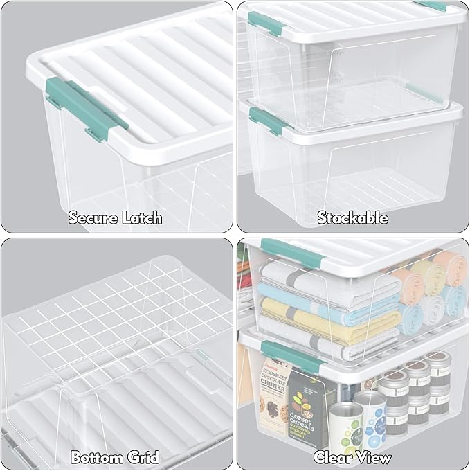 6 Packs 35 L Clear Plastic Latching Bins with Lids, Large Storage Tote Boxes