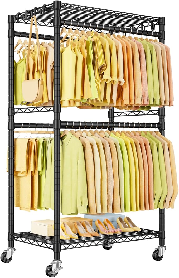 P4 Rolling Clothes Rack Heavy Duty, Clothing Racks for Hanging Clothes, Freestanding Garment Racks with Wheels, Metal Portable Closet Rack 35.5''W × 20.5''D × 80.5''H, Max Load 560Lbs, Black