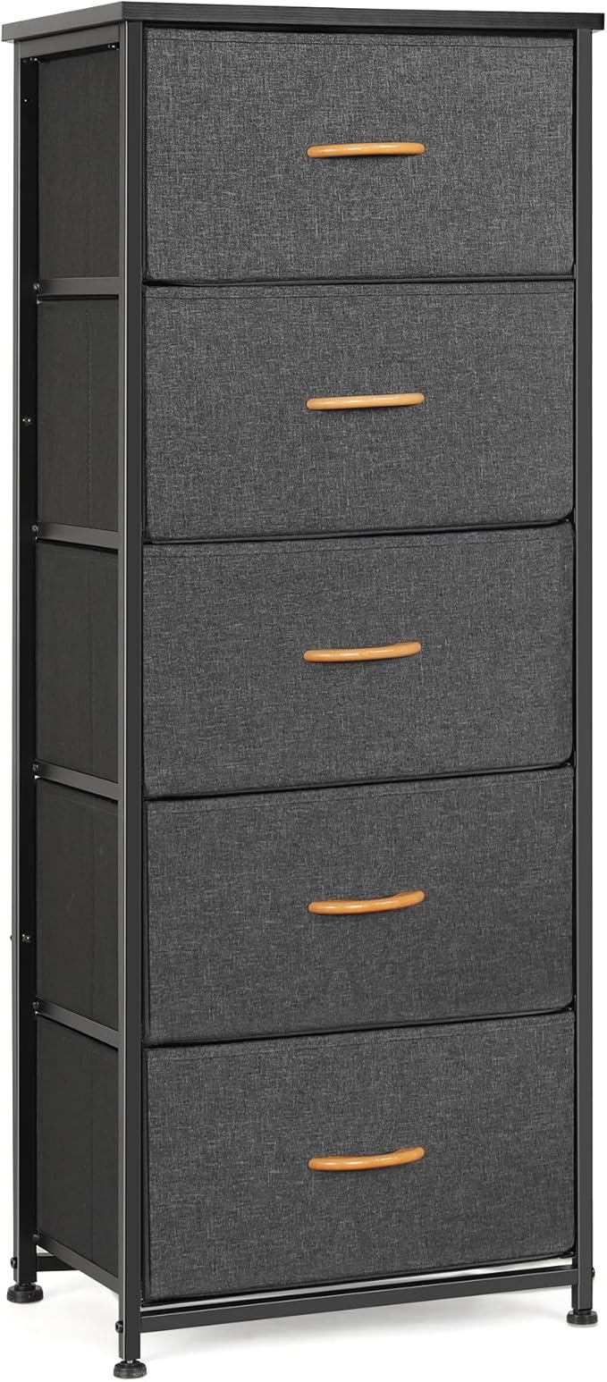 Dresser for Bedroom, Fabric Tall Dresser & Chests of Drawers with 5 Drawers, Vertical Organizer Storage Tower Unit for Bedroom, Hallway Grey