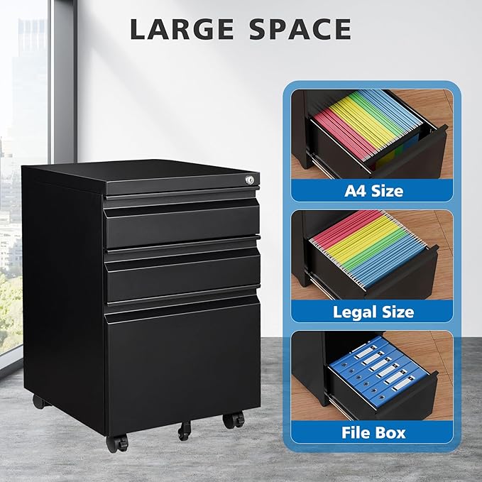 3 Drawers File Cabinet with Lock Metal Vertical File Cabient with Wheels Mobile File Cabinet for Office Home,Fully Assembled