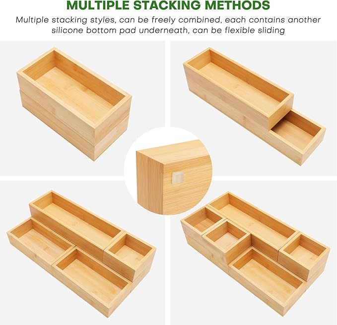 Bamboo Drawer Organizer Set, 9 PCS Multi-Use Individual Wood Storage Organizers, Junk Drawer Divider and Storage Trays Containers for Kitchen, Bathroom, Office Desk, Makeup, Jewelry, Utensils