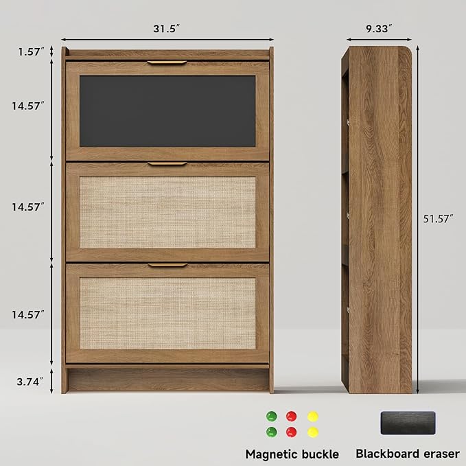 Rattan Shoe Storage Cabinet with 3 Flip Drawers & Chalkboard, Freestanding Organizer for Front Door Entrance, Hidden Narrow Shoe Rack Cabinet Storage for Entryway, Rustic Oak Rattan