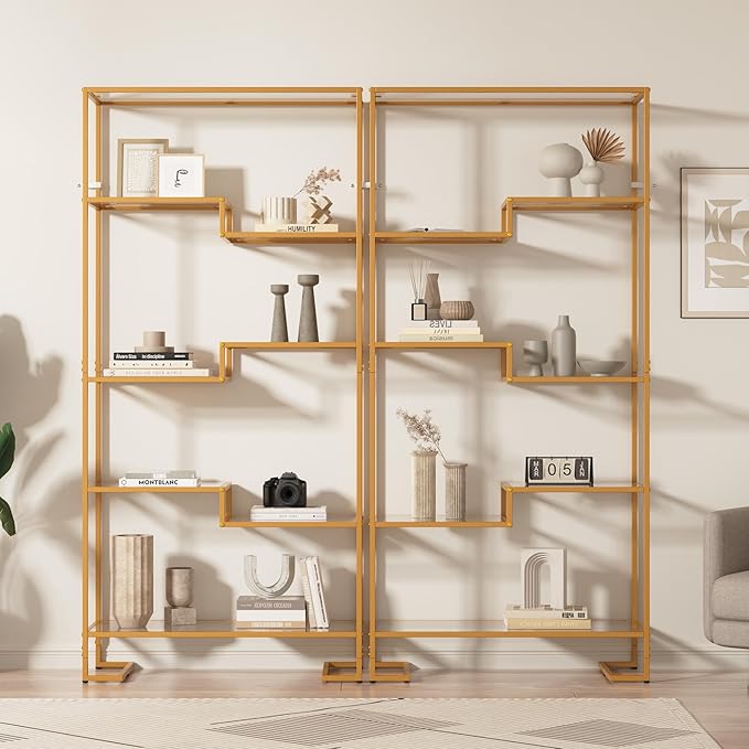 5-Tier Bookshelf, Tempered Glass Display Shelf, Modern Open Shelf Bookshelf, Tall Storage Open Bookcase for Living Room, Home Office, Bedroom, Golden
