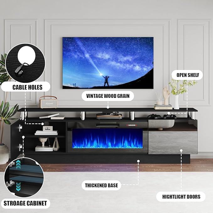 80" Modern Fireplace TV Stand with 36" Electric Fireplace for TVs Up to 90 inch, Luxury LED Light Entertainment Center with High Gloss Cabinet, TV Consoles for Living Room, Black