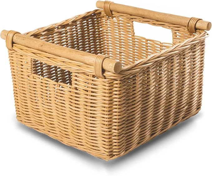 The Basket Lady Deep Pole Handle Wicker Storage Basket, Medium, 13.5 in L x 14 in W x 9 in H, Sandstone