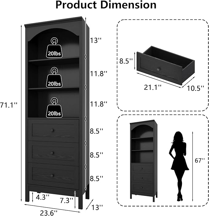 71" H Tall Bookshelf with Drawers, Farmhouse Book Shelf with 3-Tier Open Shelves, Wooden Bookcase with Storage Drawers, Freestanding Bookshelves for Bedroom, Living Room, Black