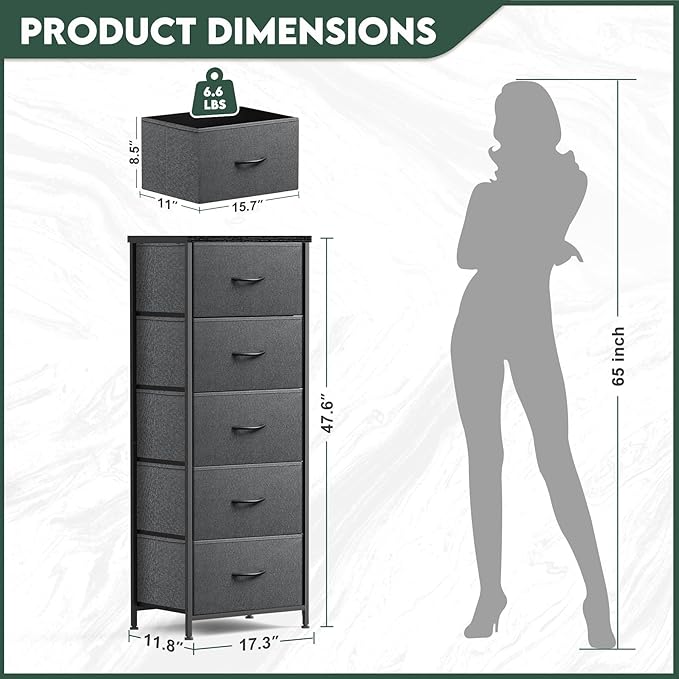 5 Fabric Drawer Dresser for Bedroom, Chest of Drawers with Waterproof Wood Top Tall Dresser for Hallway, Living Room, Kid Room (Grey and Charcoal Black)
