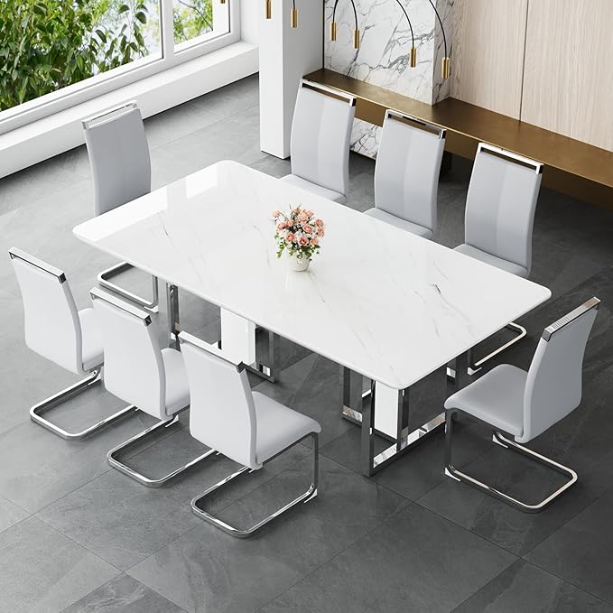 JUFU Dining Room Table Set for 8, Dinner Set for 8 with 79'' Faux Marble Tabletop and Sturdy T-Shape Leg, White Rectangle Dining Room Sets for 8 with PU Chairs, Perfect for Dining Room and Kitchen