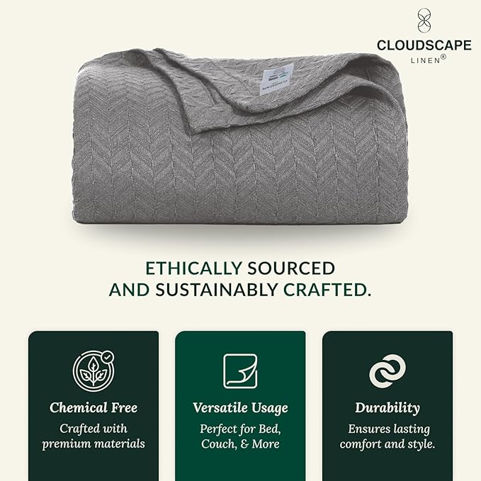 Cloud Scape Linen 100% Cotton Blanket King Size for Bed – Lightweight All Season Blanket, Herringbone Weave, for Women, Mom, Men, fits California King, 92x108, Dark Grey