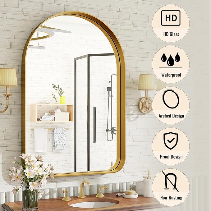Arched Bathroom Mirror - 36x24 Inch Gold Bathroom Mirror for Wall - Aluminum Alloy Framed Mirror - Arched Top Bathroom Vanity Mirror for Living Room, Bedroom, Mantel, Entryway, and Hallways