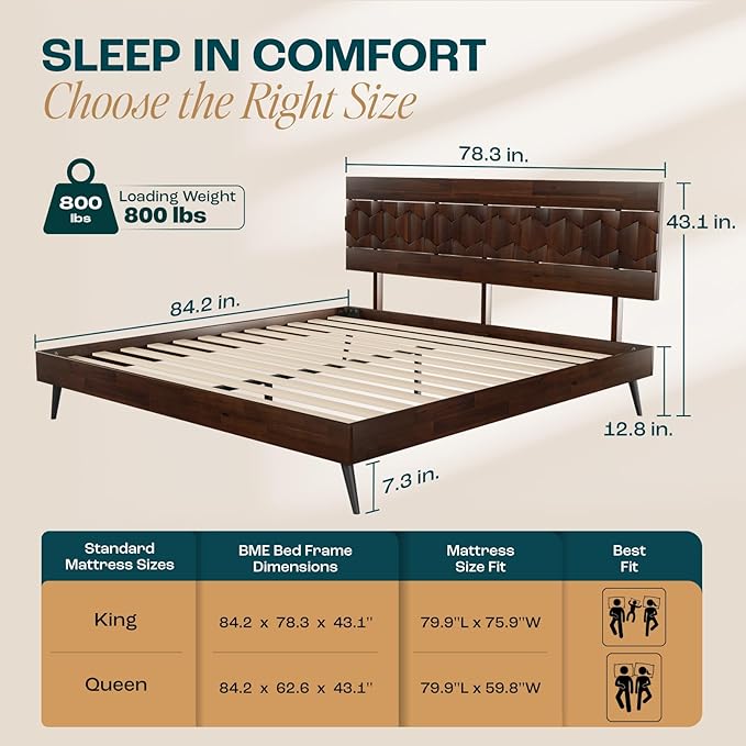 Bme Georgina Signature Bed Frame with Handcrafted Geometric Headboard, Mid Century Modern, Solid Acacia Wood, No Box Spring Needed, 12 Strong Wood Slats Support, Easy Assembly, Walnut, King