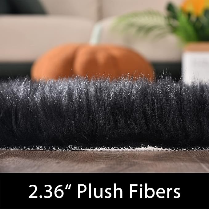 Latepis Black Runner 2x5 Washable Rug Faux Sheepskin Bedroom Rug Soft Fluffy Fur Rugs for Sofa Cover Cushion Runner Room Décor, Runner