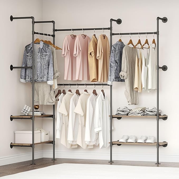 Industrial Pipe Clothing Rack, Wall Mounted Clothes Rack for Hanging Clothes, Retail Display Rack with Shelves, Add Corner installation Method (Black, III-2Tier)