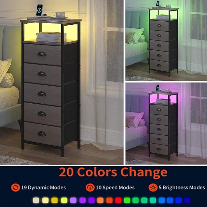 Nightstand with Charging Station,LED Grey Nightstand with 5 Fabric Drawers, Bedside End Tables, 2-Tier Open Storage Shelf Side Table Nightstand with Drawers for Bedroom, Grey
