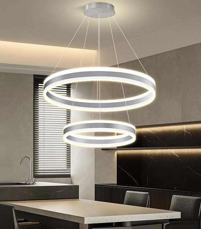 D15.7''+23.6'' Modern Ring Chandelier for Dining Room LED Dimmable Pendant Lighting Chandelier for Living Room Foyer Bedroom Entryway 3000K-6000K Silver
