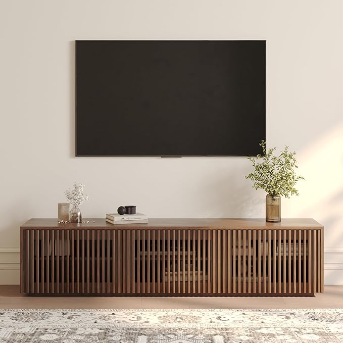 POVISON Full Assembled Mid Century Modern TV Stand, Wood Slatted Media Console for 65 inch TV, Entertainment Center with Storage for Living Room, Low Cabinet with Removable Shelves