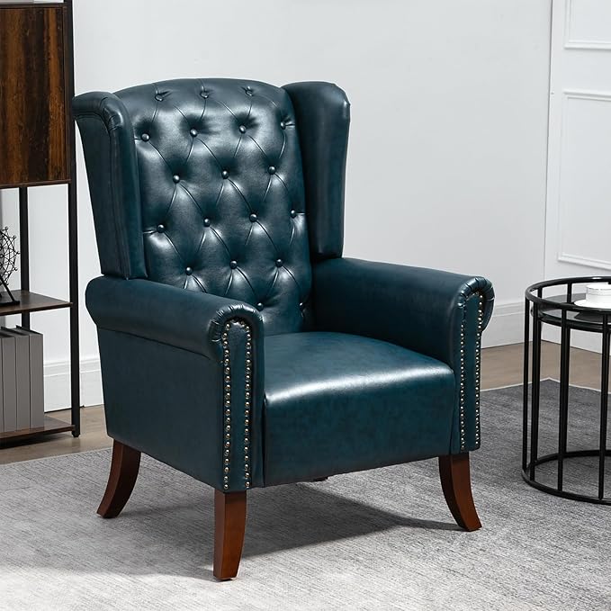 MOJAY Modern PU Leather Accent Chair, Living Room Lounge Sofa Chair with Buttons, Single Club Armchair with Rivet Trim for Bedroom Home Reception (DarkBlue)