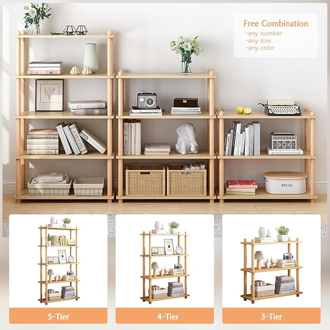 IOTXY 5-Tier Wooden Shelf Bookcase - Modern Open Bookshelf, Free Standing Storage Rack, Multifunctional Display Stand for Home and Office, White, Rectangle