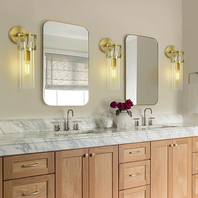 Modern Brass Wall Sconces,15.3'' Hardwired Wall Sconce with Knurled,Farmhouse Indoor Bathroom Sconce,Gold Vanity Lights for Bathroom,Glass Wall Sconce for Living Room,Bedroom,Hallway,Staircases