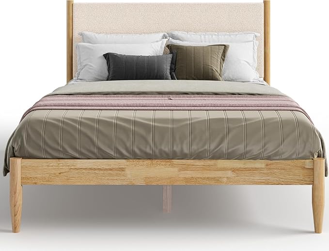 DG Casa Reign Boucle Mid-Century Modern Full Size Wooden Platform Bed Frame - Upholstered in Taupe Boucle - Solid Wood with Natural Finish