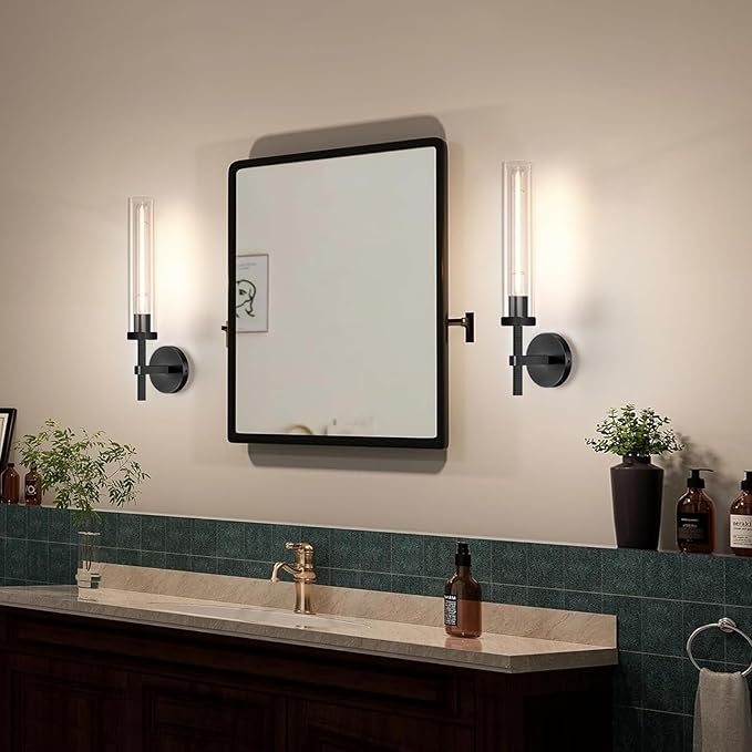 Modern Black Hardwired Wall Sconces 2 Pack, 21'' Knurled Bathroom Wall Sconce, Indoor Wall Sconce,Copper and Glass Vanity Light, for Living, Bedroom, Hallway, Staircases, Include Bulbs