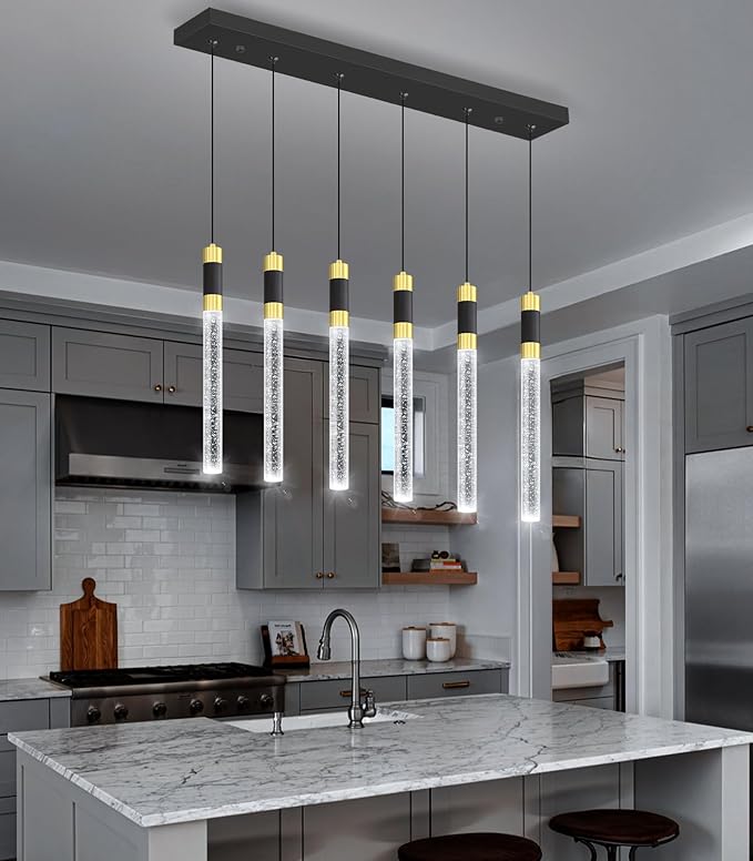 6-Lights Modern Rectangular Chandeliers for Living Room LED Dimmbale Light Fixture Entryway High Ceiling Light Pendants Lighting for Dining Room